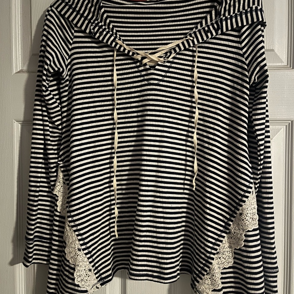 Jolt Black and White Striped Tunic with Lace Detail